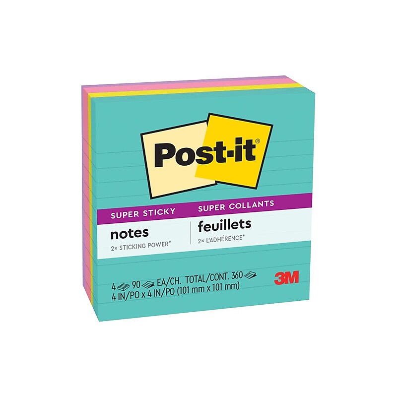 Post-it Super Sticky Notes, 4" x 4", Supernova Neons Collection, Lined, 90 Sheet/Pad, 4 Pads/Pack (675-4SSMIA) image 1