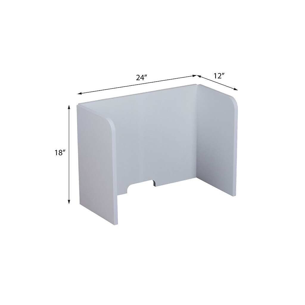 Product dimension diagram showing an off-white privacy panel with dimensions 18 inches tall, 24 inches wide, 12 inches deep