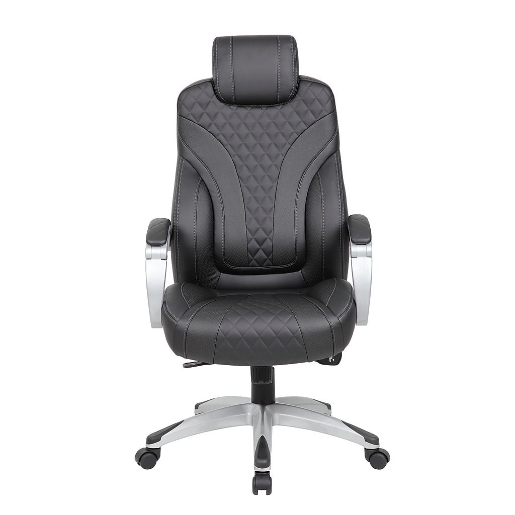 Front three-quarter view of Boss ergonomic vinyl swivel executive chair in black