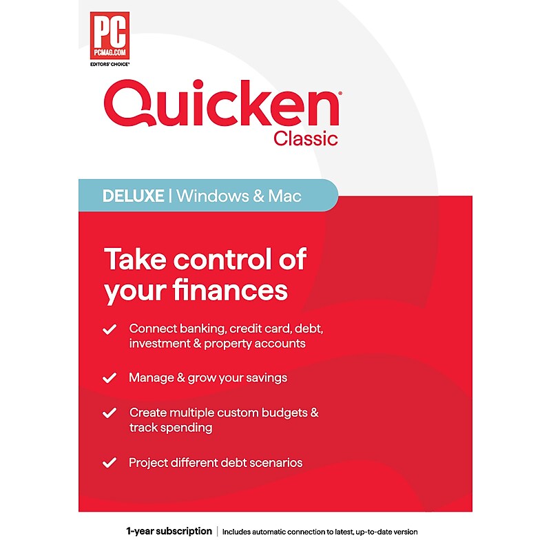 Quicken Classic Deluxe for 1 User, Windows/Mac/Android/iOS, Product Key Card (170453) image 1