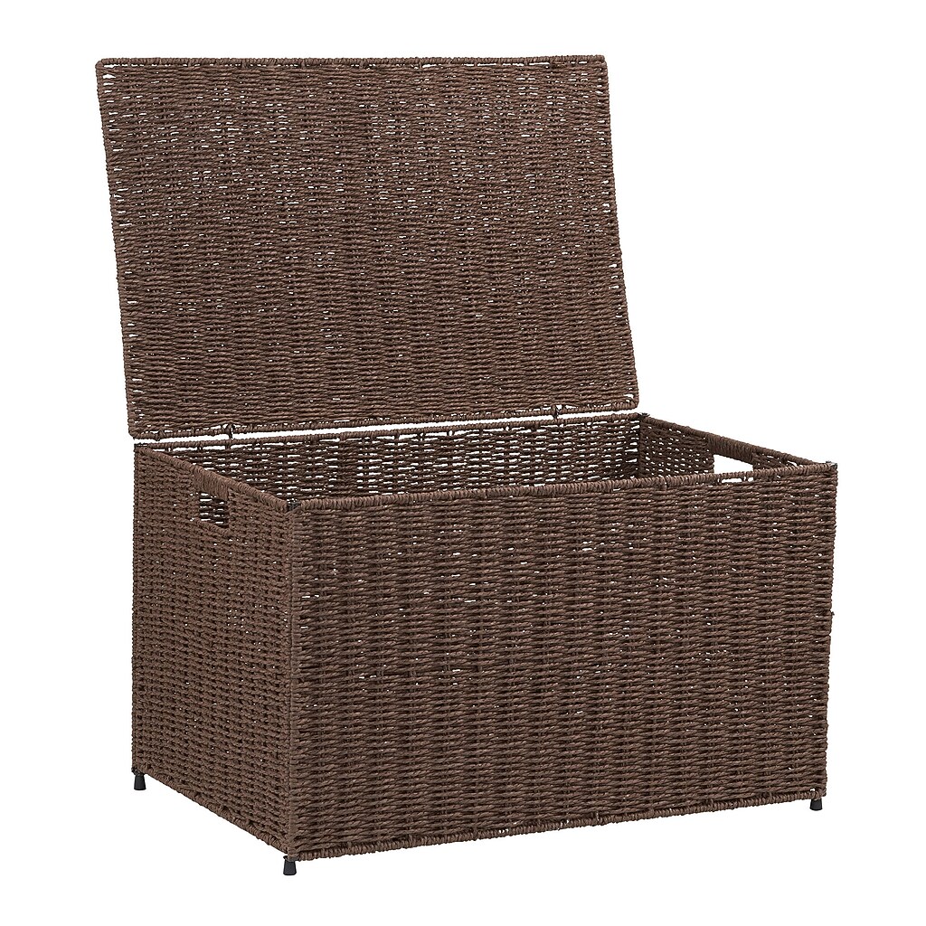 Open brown wicker storage chest