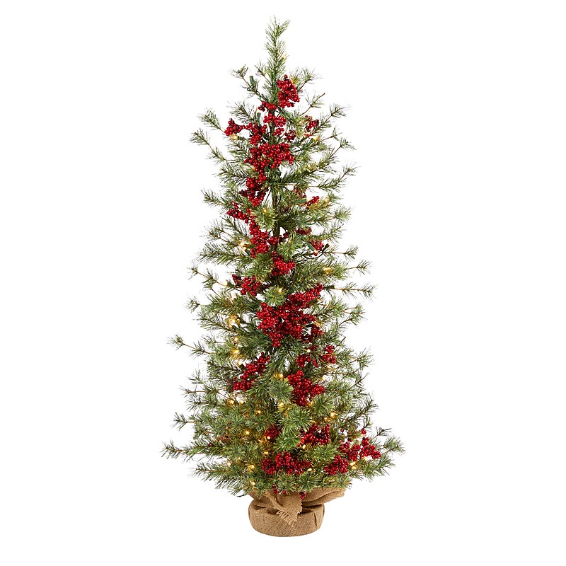 Nearly Natural 4-ft Berry and Pine Artificial Christmas Tree in Burlap Wrapped Base (T1427) image 1