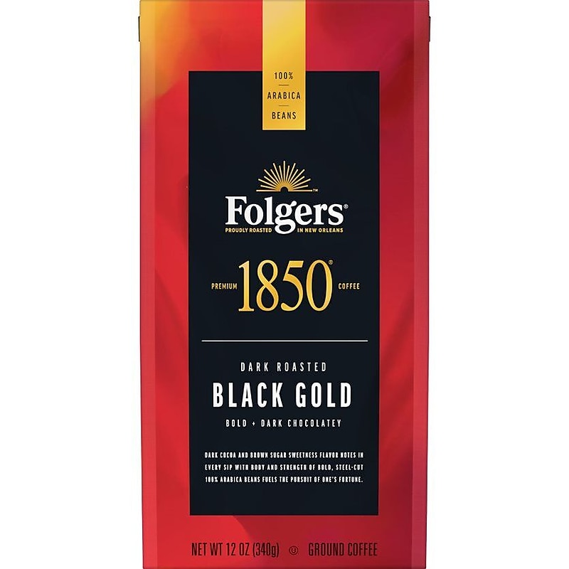 Folgers 1850 Black Gold Caffeinated Ground Coffee, Dark Roast, 12 oz. (SMU60516) image 1