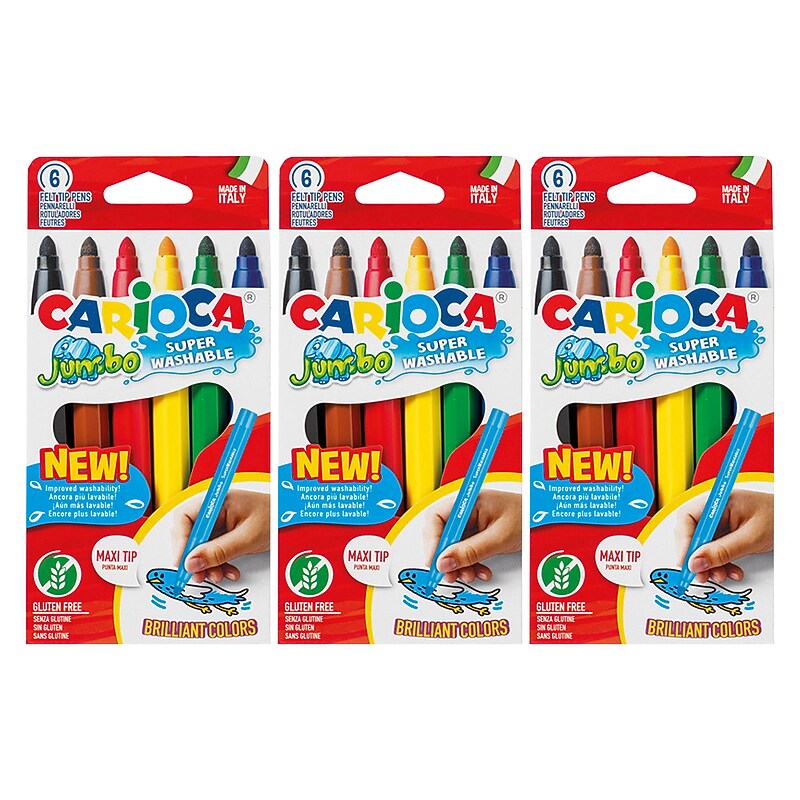 CARIOCA Jumbo Washable Kids Markers, Maxi Tip, Assorted Colors, 6/Pack, 3/Bundle (CRA40568-3) image 1
