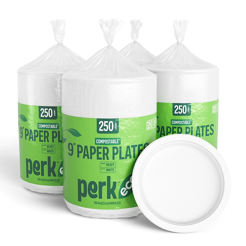 Perk™ Eco Compostable Paper Plates, 9", White, 1000/Pack (CT61287) image 1