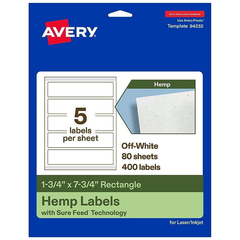 Avery Hemp Rectangle Laser/Inkjet Multipurpose Labels, 1-3/4" x 7-3/4", Off-White (400/Box) image 1