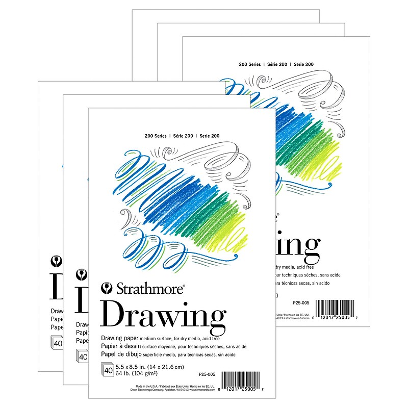 Strathmore 200 Series 5.5" x 8.5" Tape Bound Drawing Paper Pad, 40 Sheets/Pad, 6 Pads/Bundle (STTP250051-6) image 1