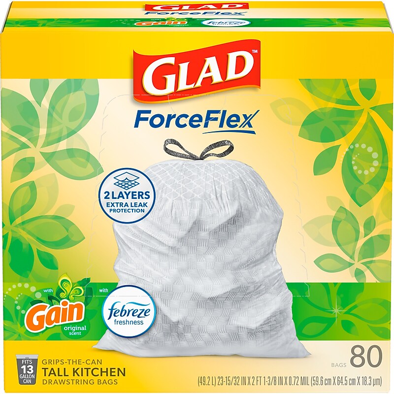Glad ForceFlex Tall 13 Gallon Drawstring Kitchen Trash Bag, Gain Original with Febreze Freshness, White, 80 Total Bags (78750) image 1
