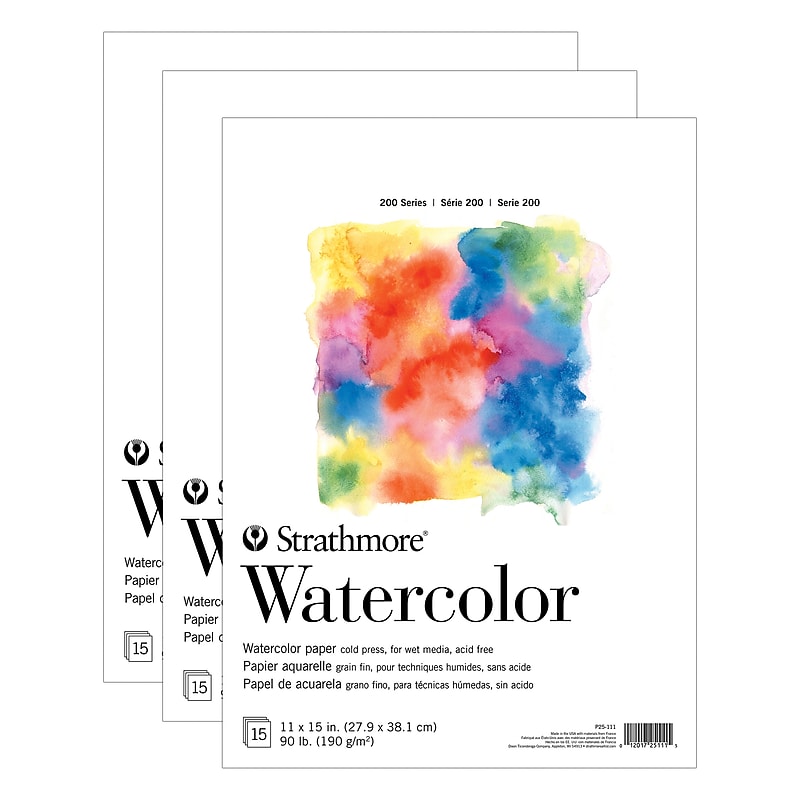 Strathmore 200 Series 11" x 15" Tape Bound Watercolor Paper Pad, 15 Sheets/Pad, 3 Pads/Bundle (STTP251111-3) image 1