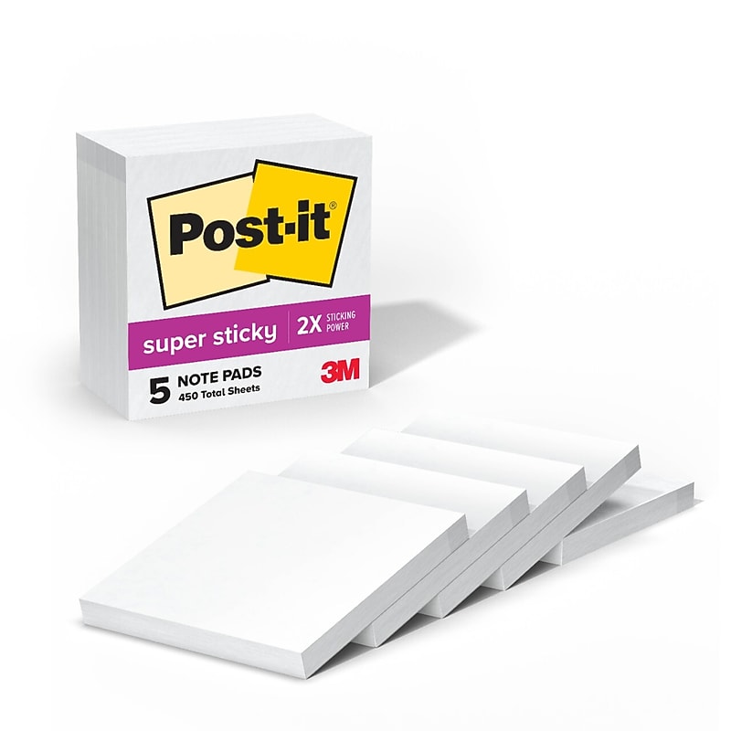 Post-it Super Sticky Notes, 3" x 3", White, 90 Sheet/Pad, 5 Pads/Pack (654-5SSW) image 1