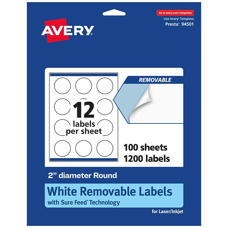 Avery Laser/Inkjet Round Multipurpose Labels, 2" Dia., White, 1,200 Labels/Box (94501) image 1
