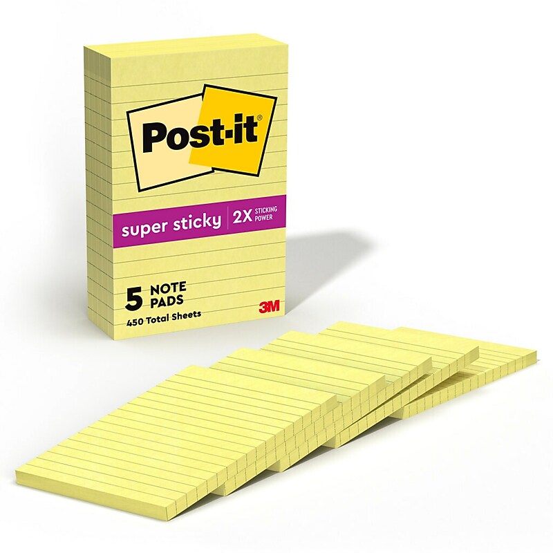 Post-it Super Sticky Notes, 4" x 6", Canary Collection, Lined, 90 Sheet/Pad, 5 Pads/Pack (6605SSCY) image 1