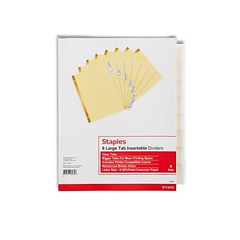 Staples Large Tab Insertable Paper Dividers, Clear 8 Tab, Buff, 4/Pack (13516/14482)