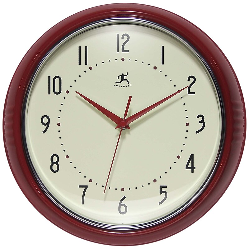 Infinity Instruments Round Retro Red Wall Clock, Aluminum, 12" (10940RD-12) image 1