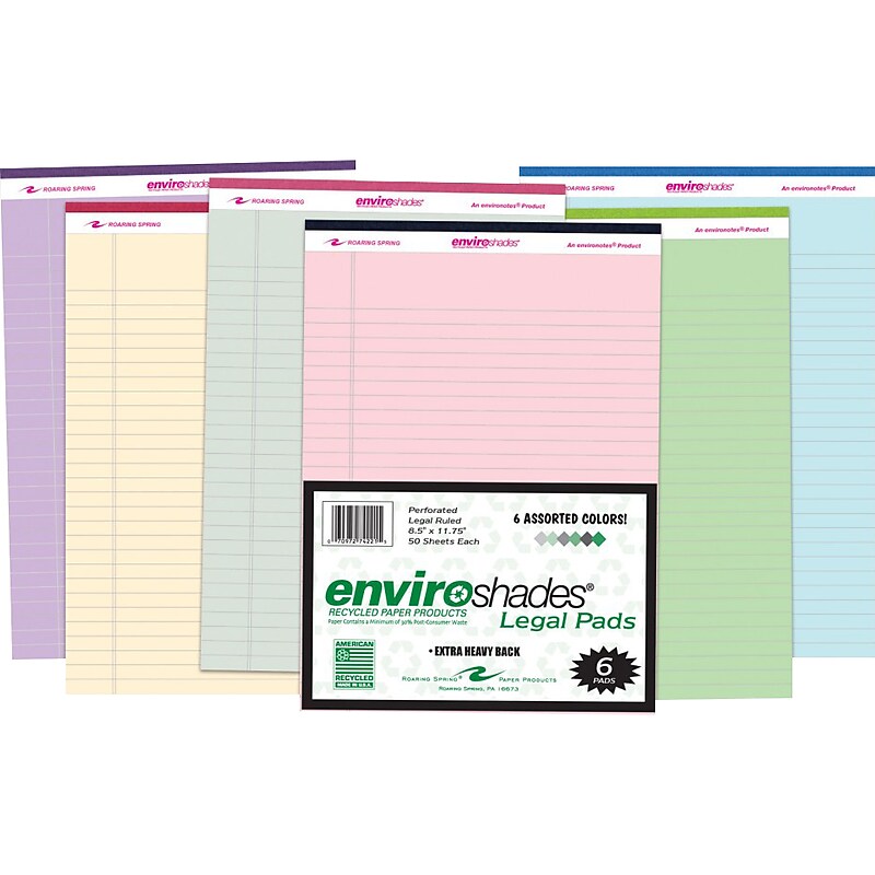 Roaring Spring Paper Products Legal Pads, Recycled Paper in Assorted Colors, 8.5" x 11.75", 50 Sheets/Pad, 6 Pads/Pack (74221) image 1