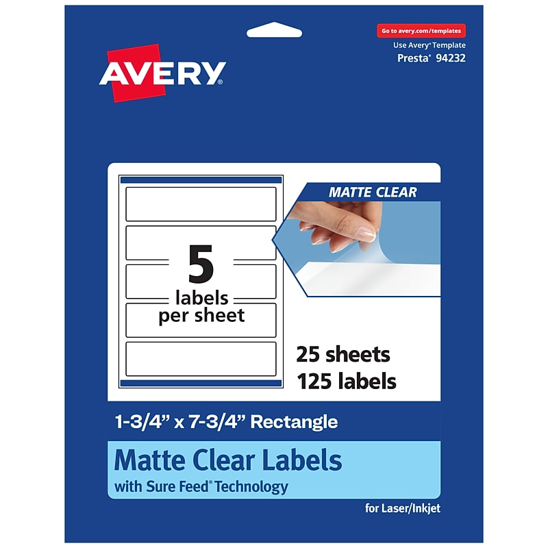 Avery Laser/Inkjet Rectangle Multipurpose Labels, 1-3/4" x 7-3/4", Clear, 125/Pack (94232) image 1