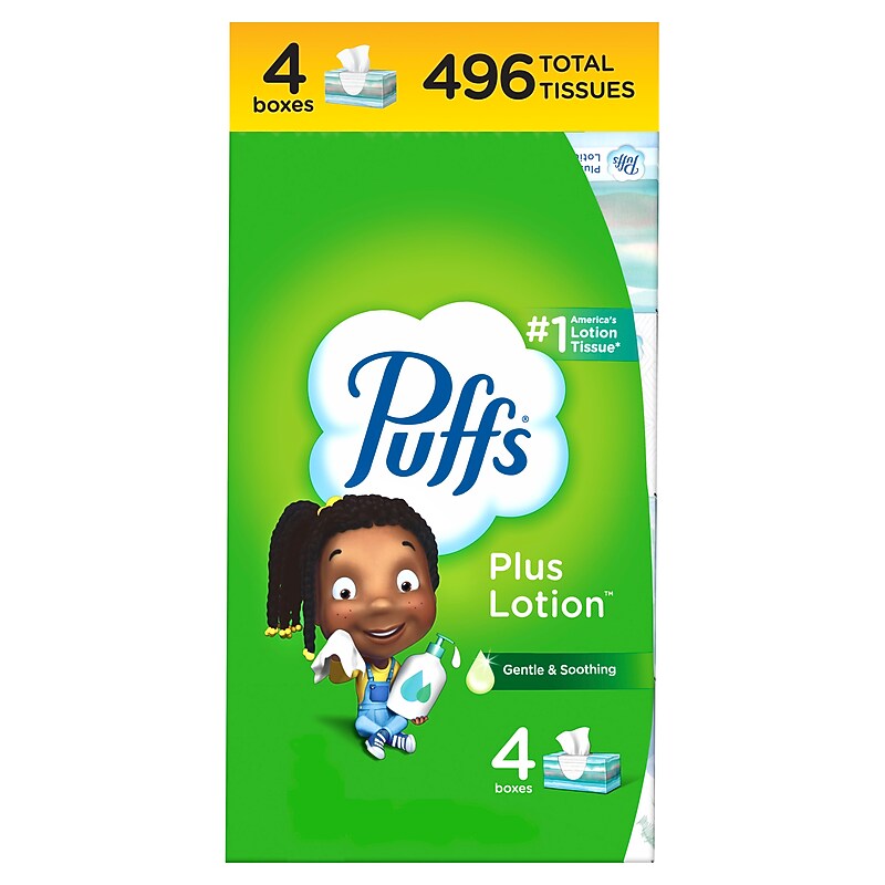 Puffs Plus Lotion Facial Tissues, 2-ply, 124 Tissues/Box, 4/Pack (58600) image 1