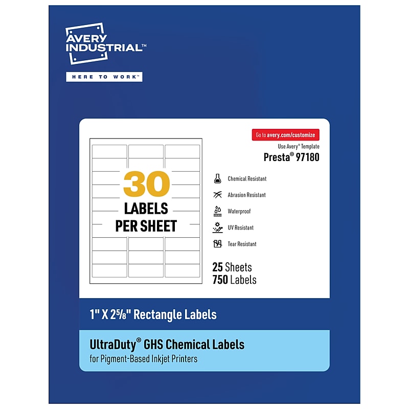Avery Inkjet UltraDuty GHS Labels, 1" x 2 5/8", White, 750 Labels/Pack (97180) image 1