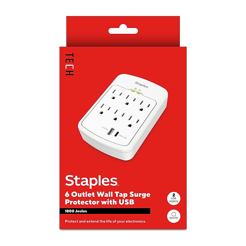 Staples TECH 6-Outlet 2-USB Port Surge Protector, 1800 Joules, White (ST62764) image 1