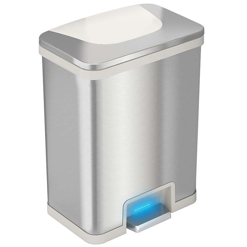 halo TapCan Stainless Steel Rectangular Pedal Sensor Trash Can with AbsorbX Odor Control System, White Trim, 13 Gal. (TC13SW) image 1