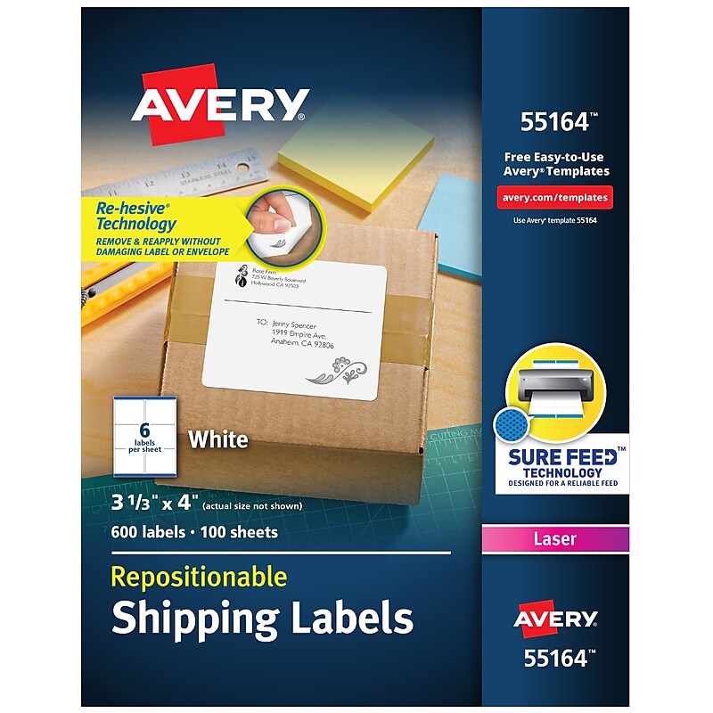 Avery Repositionable Laser Shipping Labels, 3-1/3" x 4", White, 600 Labels/Box (55164) image 1