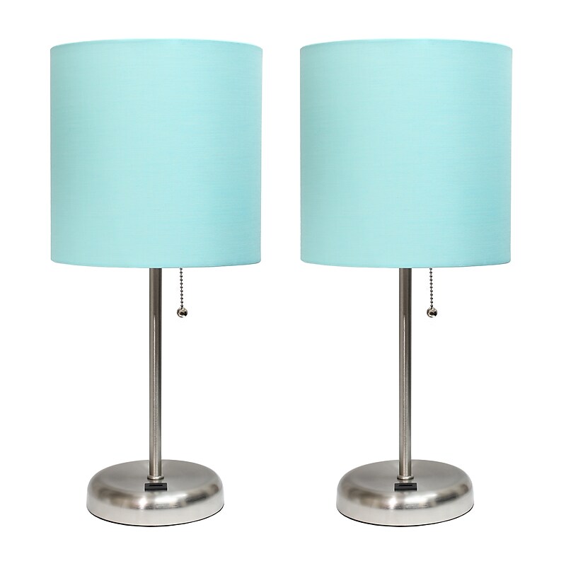 Creekwood Home Oslo Duo 19.5" LED Table Lamp with USB Port, Brushed Steel/Aqua Shade, 2/Set (CWT-2012-AU-2PK) image 1