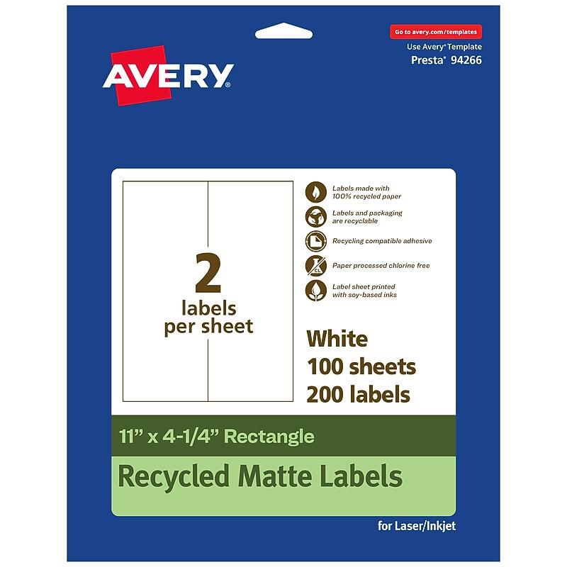 Avery EcoFriendly Rectangle Multipurpose Labels, 11" x 4-1/4", White, 200/Box (94266) image 1