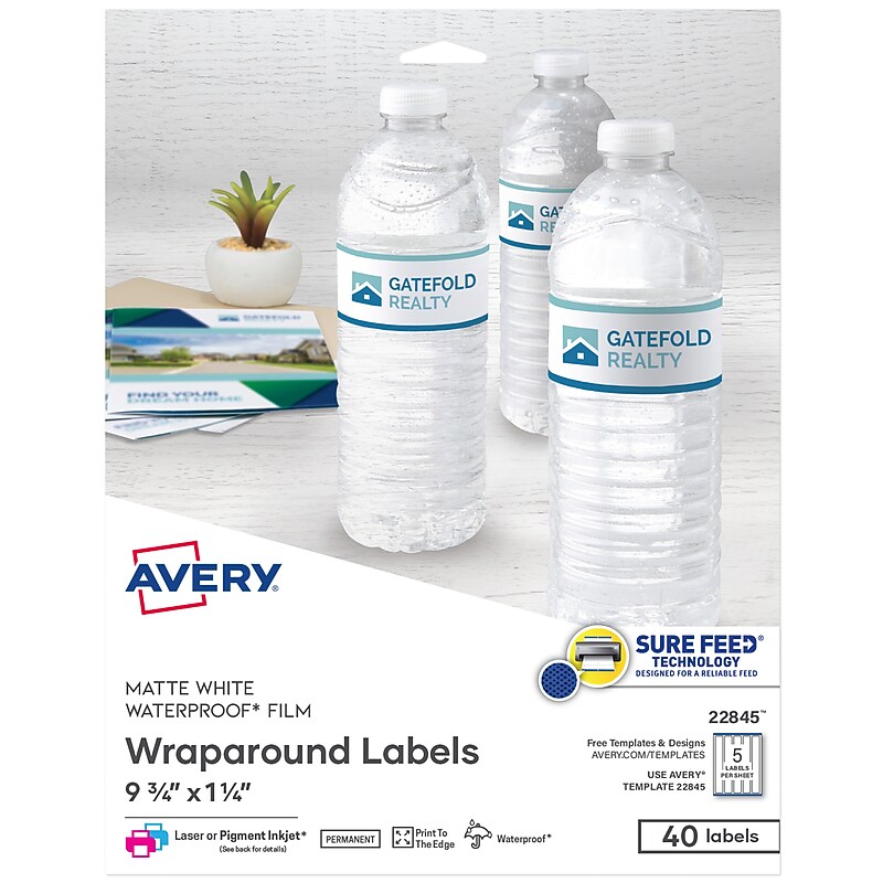 Avery Waterproof Laser/ Inkjet Wraparound Labels, 1.25" x 9.75", White, 40 Labels/Pack (22845) image 1
