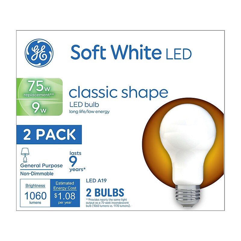 GE 9 Watt Soft White LED Bulb, 2/Pack (93109032) image 1
