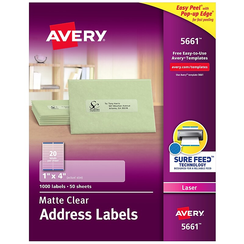 Avery Easy Peel Laser Address Labels, 1" x 4", Clear, 1,000 Labels/Box (5661) image 1