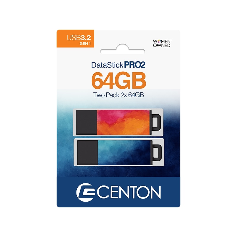 Centon DataStick Pro 2 64GB USB 3.2 Type-A Flash Drives, Watercolor Blue/Watercolor Orange, 2/Pack (C1-U3T0AY-64G-2) image 1
