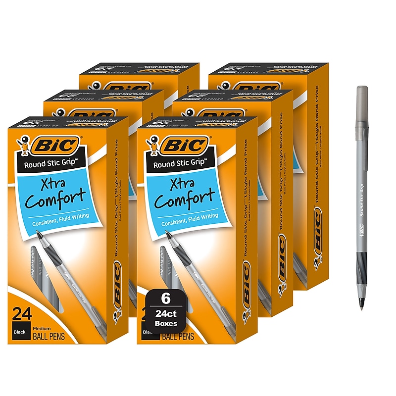 BIC Round Stic Grip Xtra Comfort Ballpoint Pen, Medium Point, 1.0mm, Black Ink, 24/Box, 6 Boxes/Pack (GSMG144E-BLK) image 1