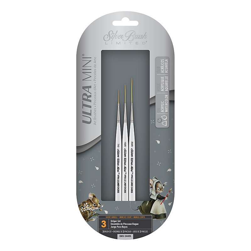 Silver Brush Mixed Media Synthetic Bristle, Ultra Mini Striper Brushes, 3/Set (SLVUMS2440S) image 1