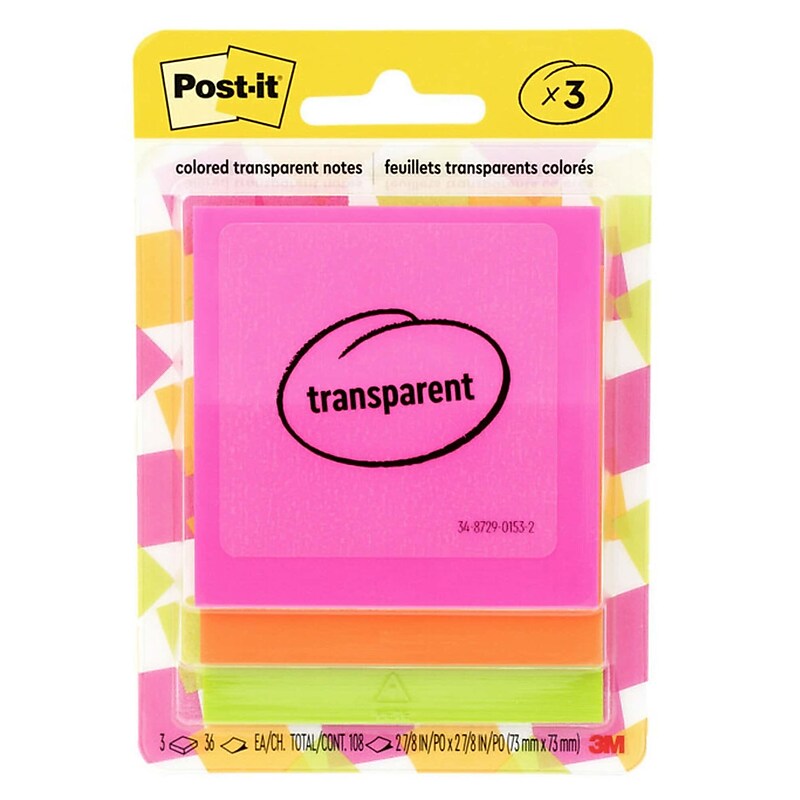 Post-it Transparent Sticky Notes, 2.8" x 2.8", Assorted Colors, 36 Sheets/Pad, 3 Pads/Pack (600-3COL) image 1