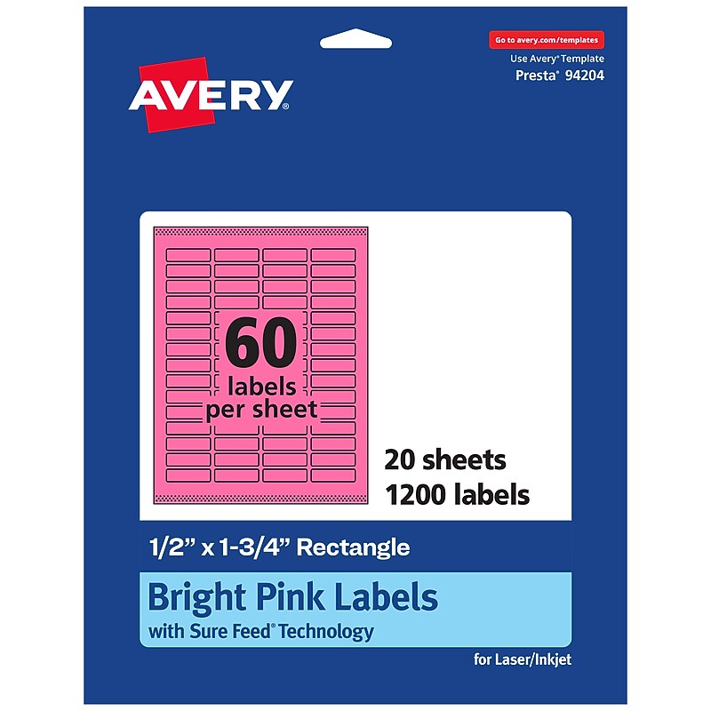 Avery Laser/Inkjet Rectangle Multipurpose Labels, 0.5" x 1.75", Bright Pink, 1200/Pack (94204) image 1