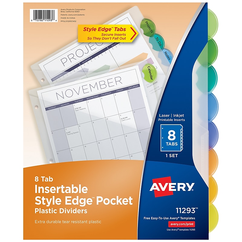 Avery Style Edge Insertable Plastic Dividers with Pocket, 8 Tabs, Multicolor (11293) image 1