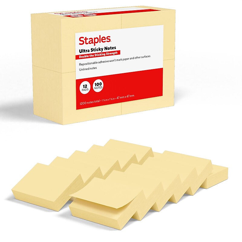 Staples Ultra Sticky Notes, Sunshine Collection, 100 Sheets/Pad, 12 Pads/Pack (ST62879) image 1