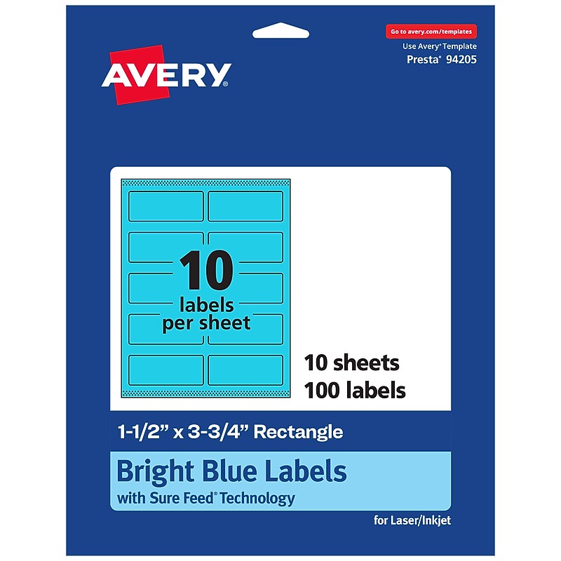 Avery Laser/Inkjet Multipurpose Rectangle Labels, 1.5" x 3.75", Bright Blue, 100/Pack (94205) image 1