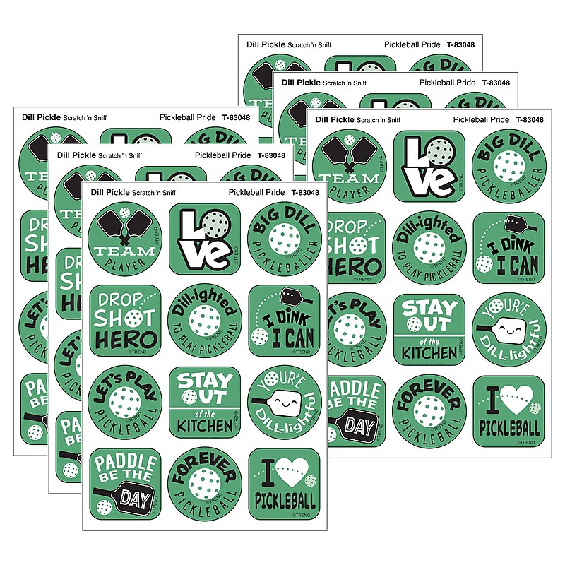 Trend Enterprises Pickleball DILL-ight Dill Pickle Scent Scratch 'n Sniff Stinky Stickers, Green, 48/Pack, 6/Packs/Bundle image 1