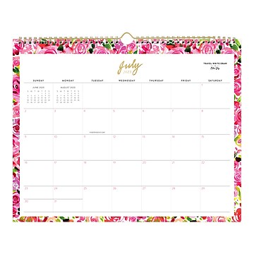 2023-2024 Blue Sky Travel Write Draw Parisian Roses 15" x 12" Academic Monthly Wall Calendar, Pink/White (142608)