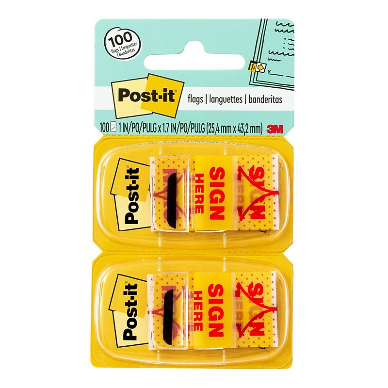 Post-it 'Sign Here' Message Flags, 1" Wide, Yellow, 100 Flags/Pack (680-SH2) image 1