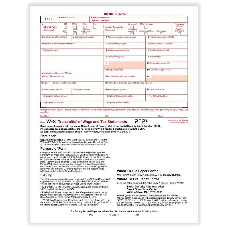ComplyRight 2024 W-3 Tax Form, 1-Part, Transmittal, 10/Pack (520010) image 1