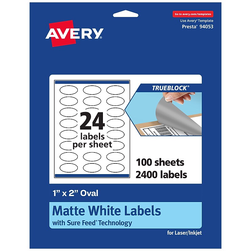 Avery TrueBlock Laser/Inkjet Oval Multipurpose Labels, 1" x 2", White, 2400/Box (94053) image 1
