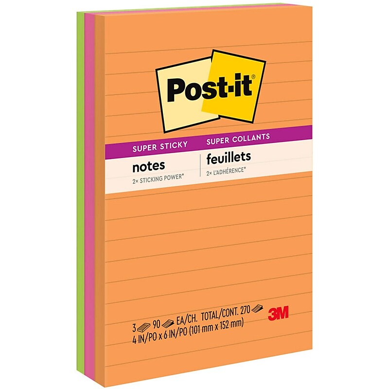 Post-it Super Sticky Notes, 4" x 6", Energy Boost Collection, Lined, 90 Sheet/Pad, 3 Pads/Pack (6603SSUC) image 1