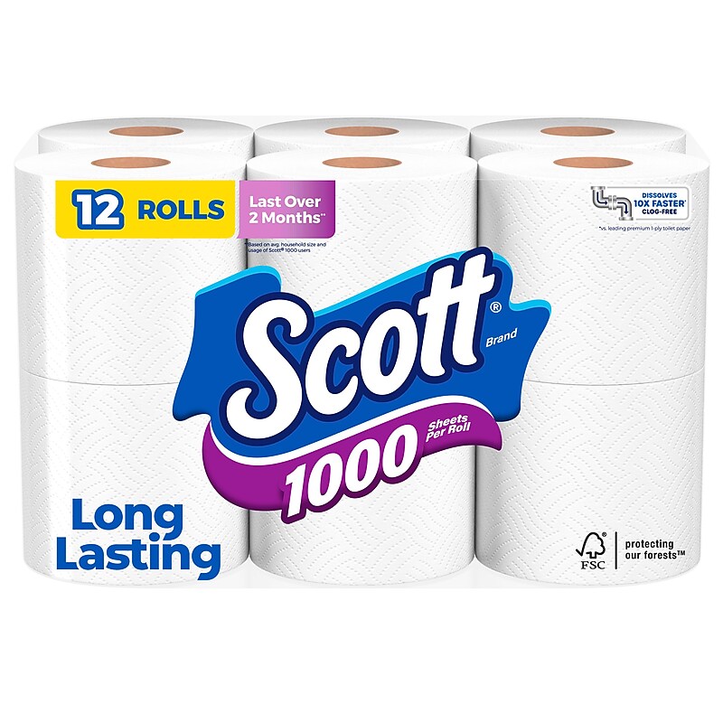 Scott 1-Ply Standard Toilet Paper, White, 1000 Sheets/Roll, 12 Rolls/Case (10060) image 1