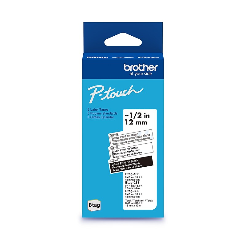 Brother P-touch Btag Label Tape, 1/2" x 13.1’ (12mm x 4m), White on Clear, Black on White, White on Black, 3/Pack (BTAG3M01) image 1