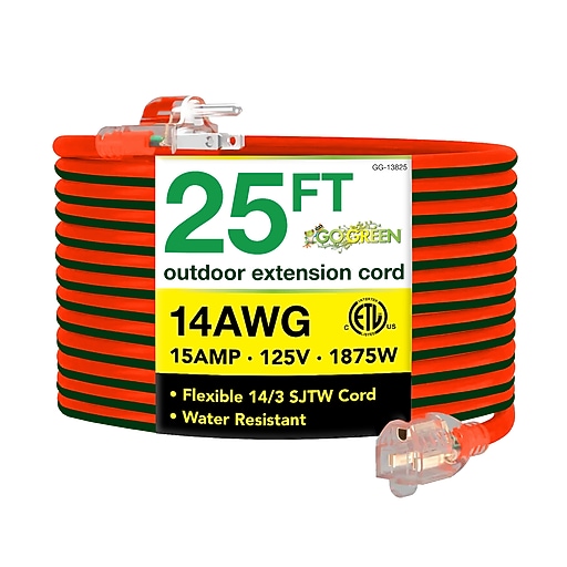 GoGreen Power 25' Indoor/Outdoor Extension Cord, 14 AWG, Orange