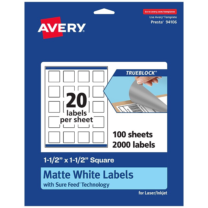 Avery TrueBlock Laser/Inkjet Square Multipurpose Labels, 1.5" x 1.5", White, 2000/Box (94106) image 1