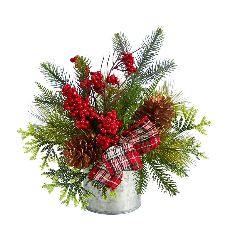 Nearly Natural Artificial Holiday Winter Pinecones, Berries, Greenery Christmas Table Arrangement, 12" (A1852) image 1