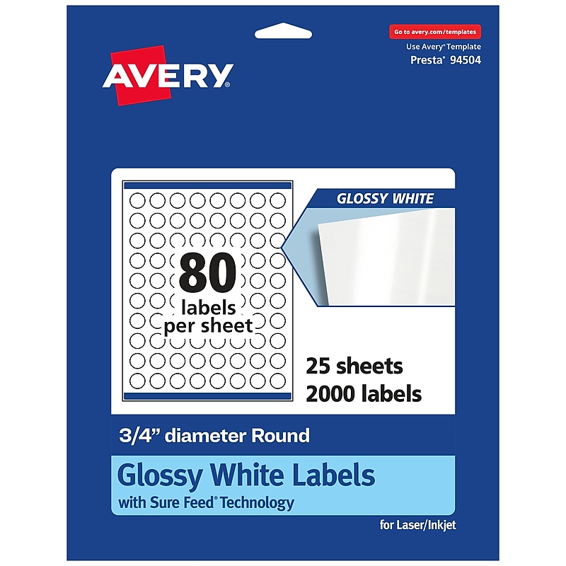 Avery Laser/Inkjet Round Multipurpose Labels, 0.75" Dia., Glossy White, 2,000 Labels/Pack (94504) image 1
